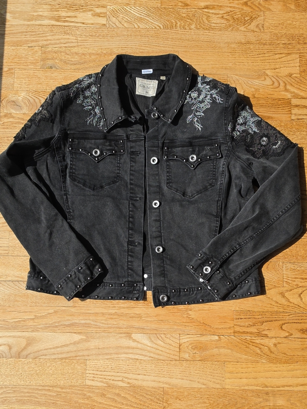 (M) Grace in LA Black Embroidered Stud Denim Jacket Western Farm Ranch Moto